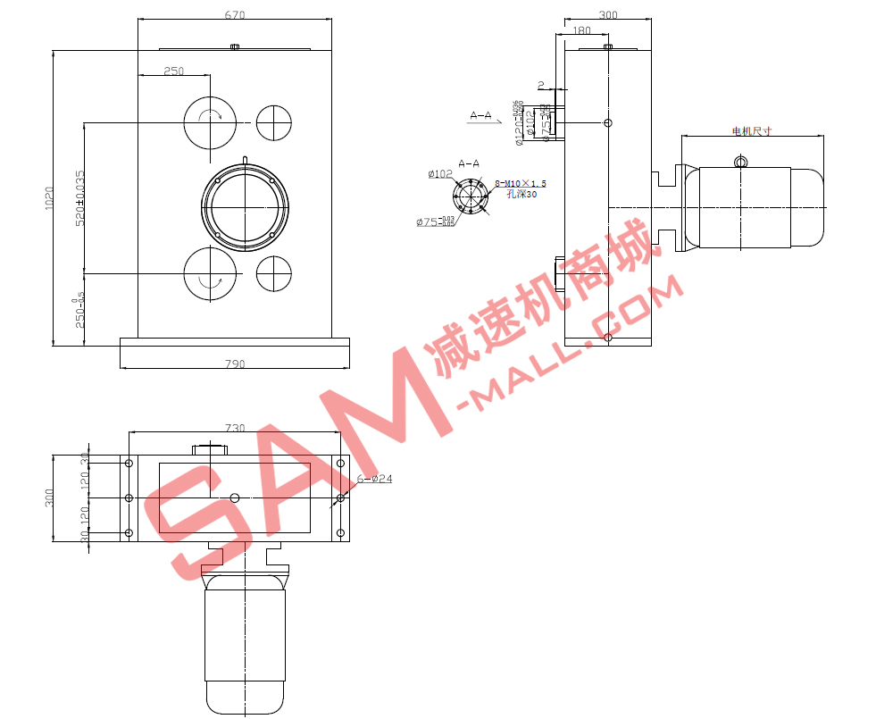 输入方式:端盖联接 安装方式:M1 外形尺寸图: 客户应用图: 在众多工业生产线设备上,减速机都有着非常重要的传动作用。减速机是传动系统的核心设备,在设备定型时,根据设备的整体需求,确定减速机的技术参数就显得格外重要。往往定制一款合适的减速机,能够为整套设备的工作性能带来质的提升。 双输出轴减速机仅仅是非标准减速机中较有代表性的产品之一,在十多年的产品定制过程中,我们接触了太多的非标减速机案例,比如6轴、8轴、甚至还有14轴的多轴减速机。其实,我们关心的不是您的设备需要几根输出轴,我们关心的